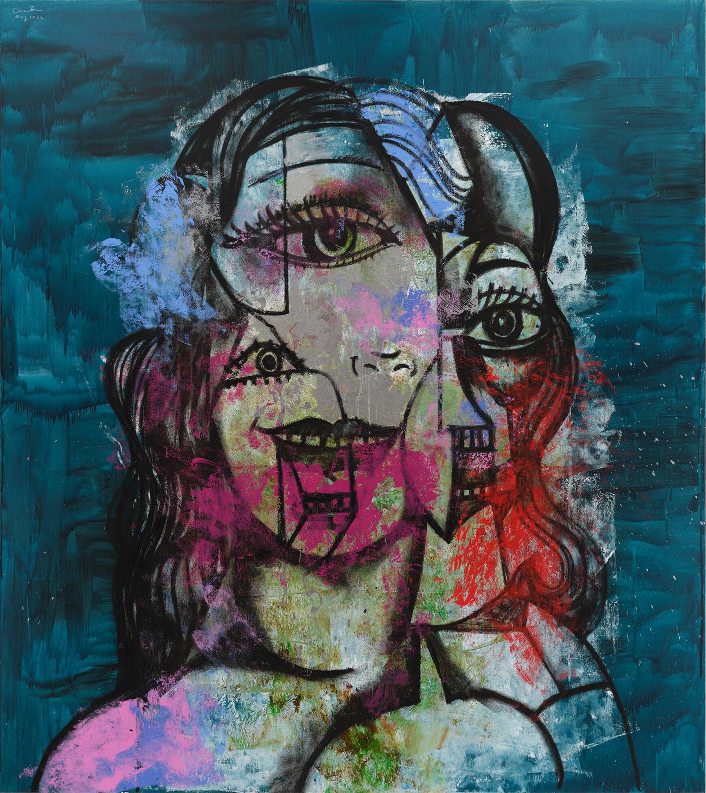 George Condo Transitional Portrait in Pink and Green, 2022