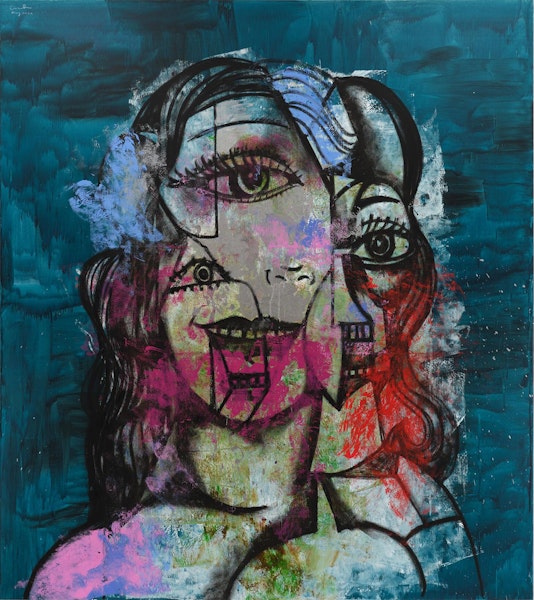 George Condo Transitional Portrait in Pink and Green, 2022